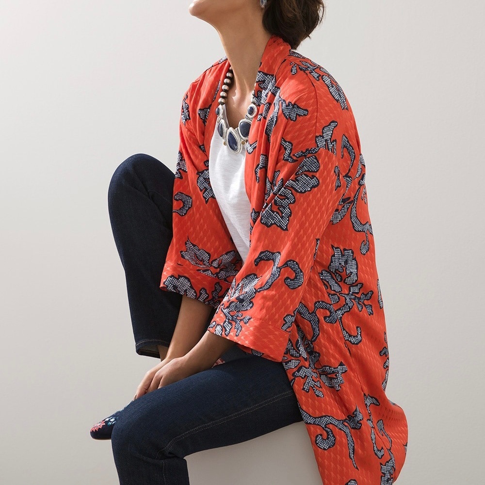 Chico's Jacquard Print Kimono Duster Women's Sz Sm Orange Blue Reversible EUC